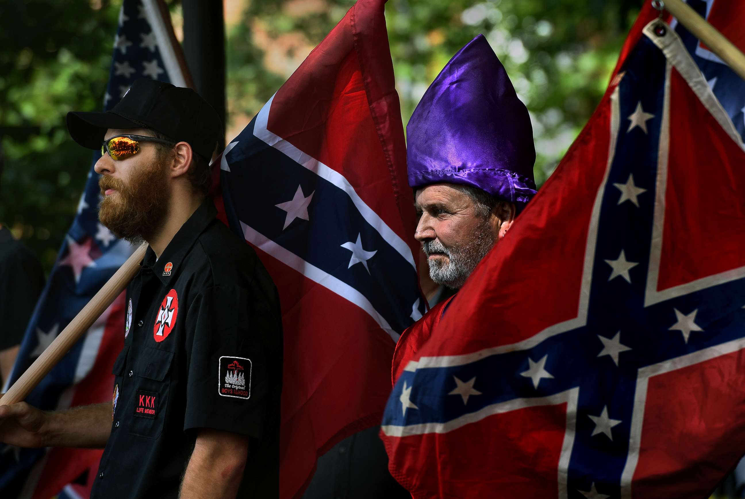 PHOTO: KKK members gathered at a park in Charlottesville, Va., July 8, 2017, to protest a city action that would affect Civil War memorials in city parks.