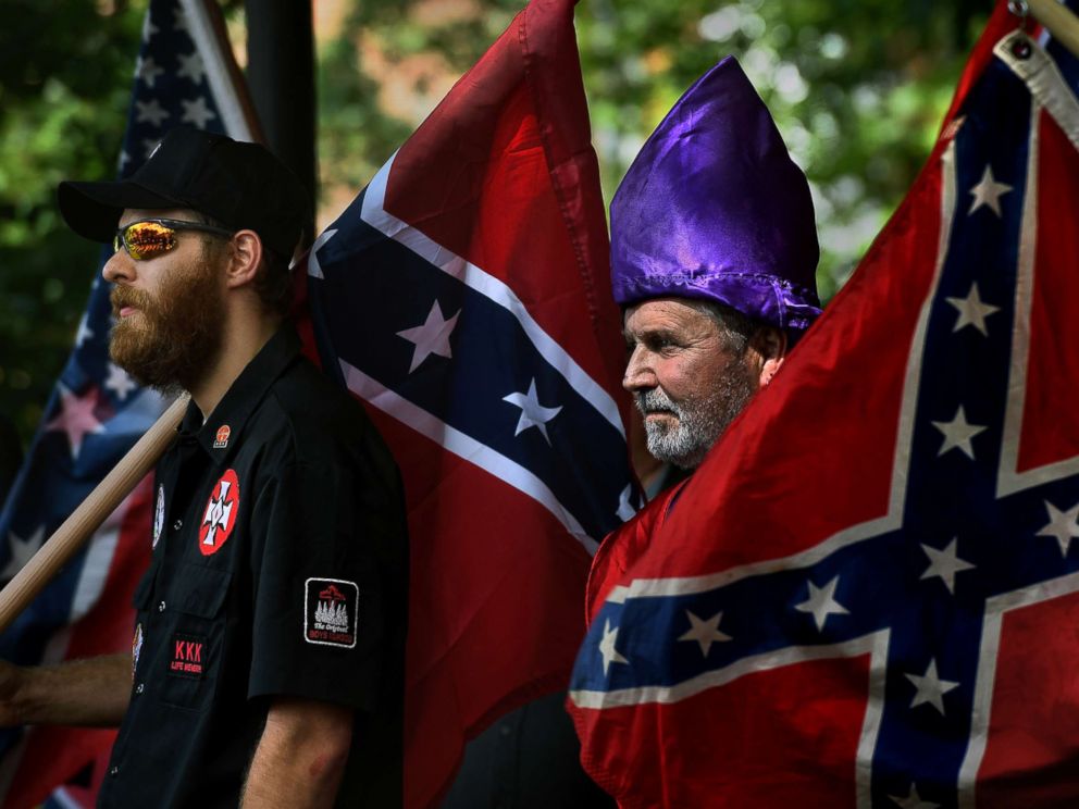PHOTO: KKK members gathered at a park in Charlottesville, Va., July 8, 2017, to protest a city action that would affect Civil War memorials in city parks.