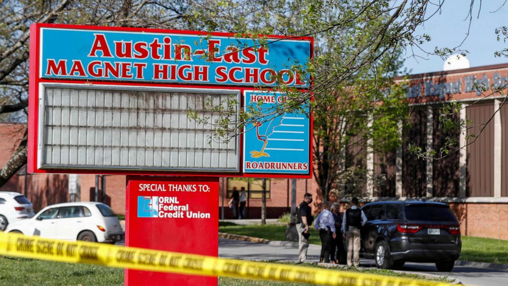 PHOTO: Knoxville police work the scene of a shooting at Austin-East Magnet High School in Knoxville, Tenn., April 12, 2021.