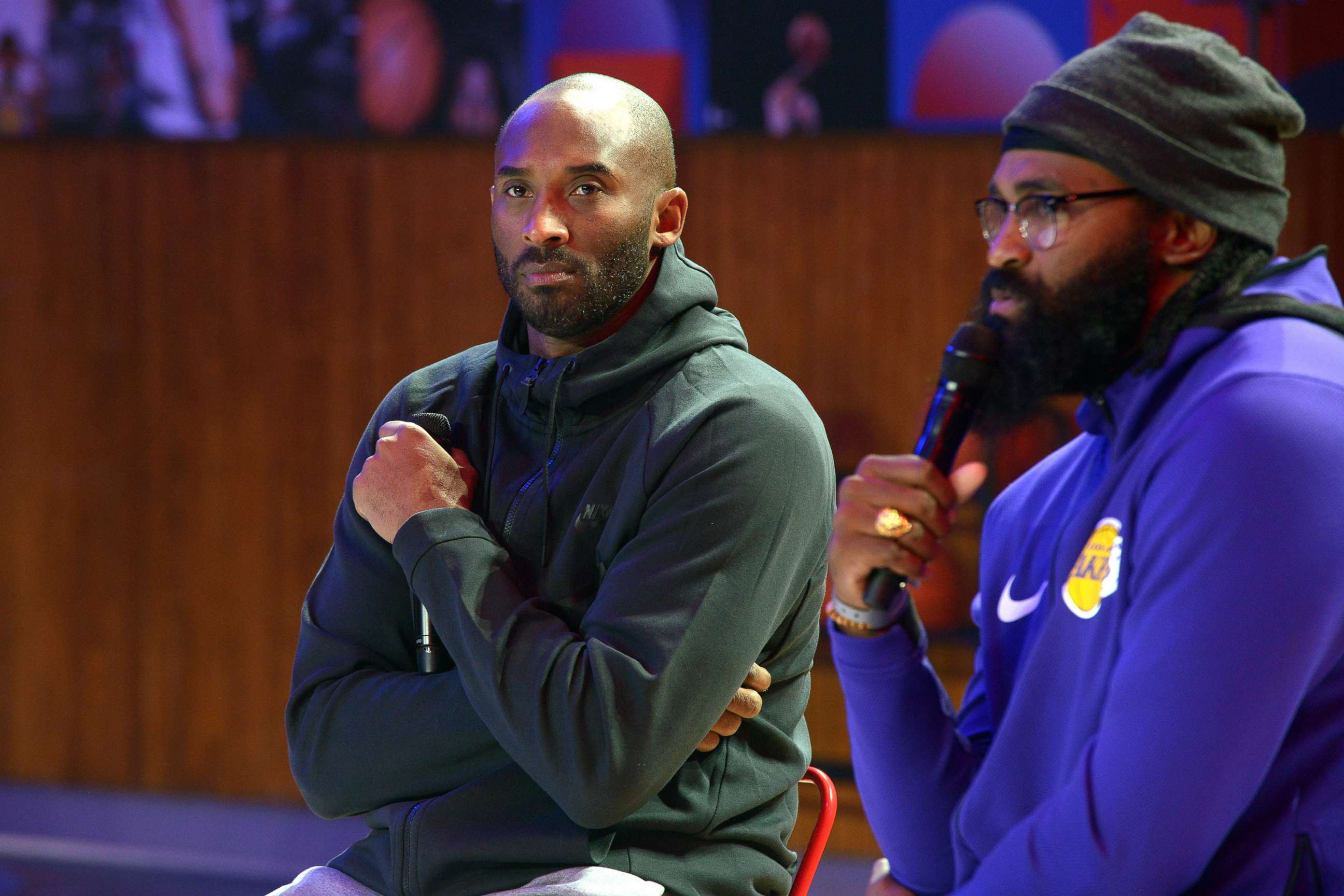 PHOTO: Kobe Bryant gives a "Mamba talk" as he reflects on his NBA memories at "Le Quartier" renovated gymnasium dedicated to basketball games and culture, Oct. 21, 2017, in Paris.