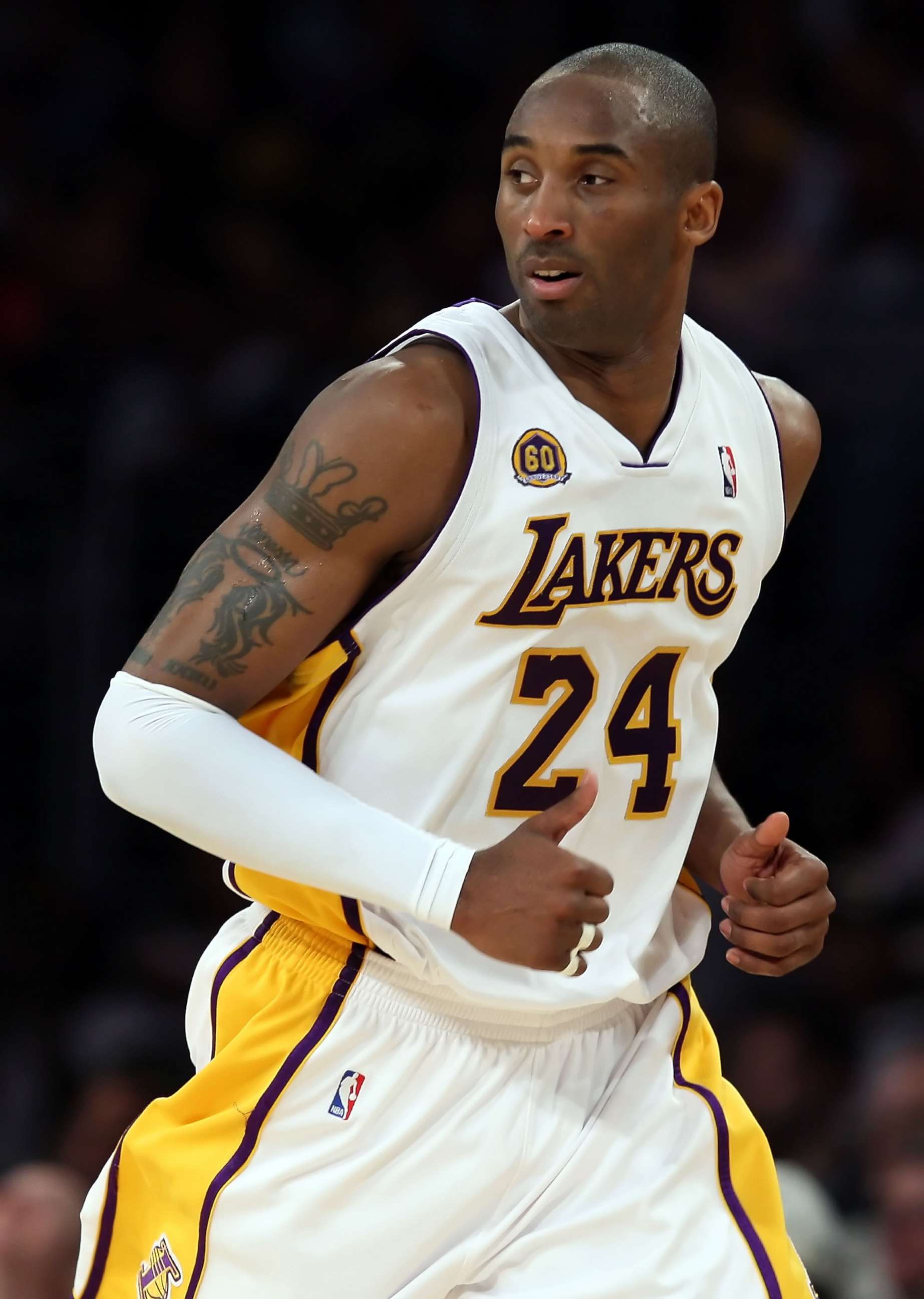 PHOTO: File photo: Kobe Bryant of the Los Angeles Lakers runs up court during the second quarter against the Denver Nuggets during the 2008 NBA Playoffs at Staples Center on April 20, 2008 in Los Angeles, Lakers.