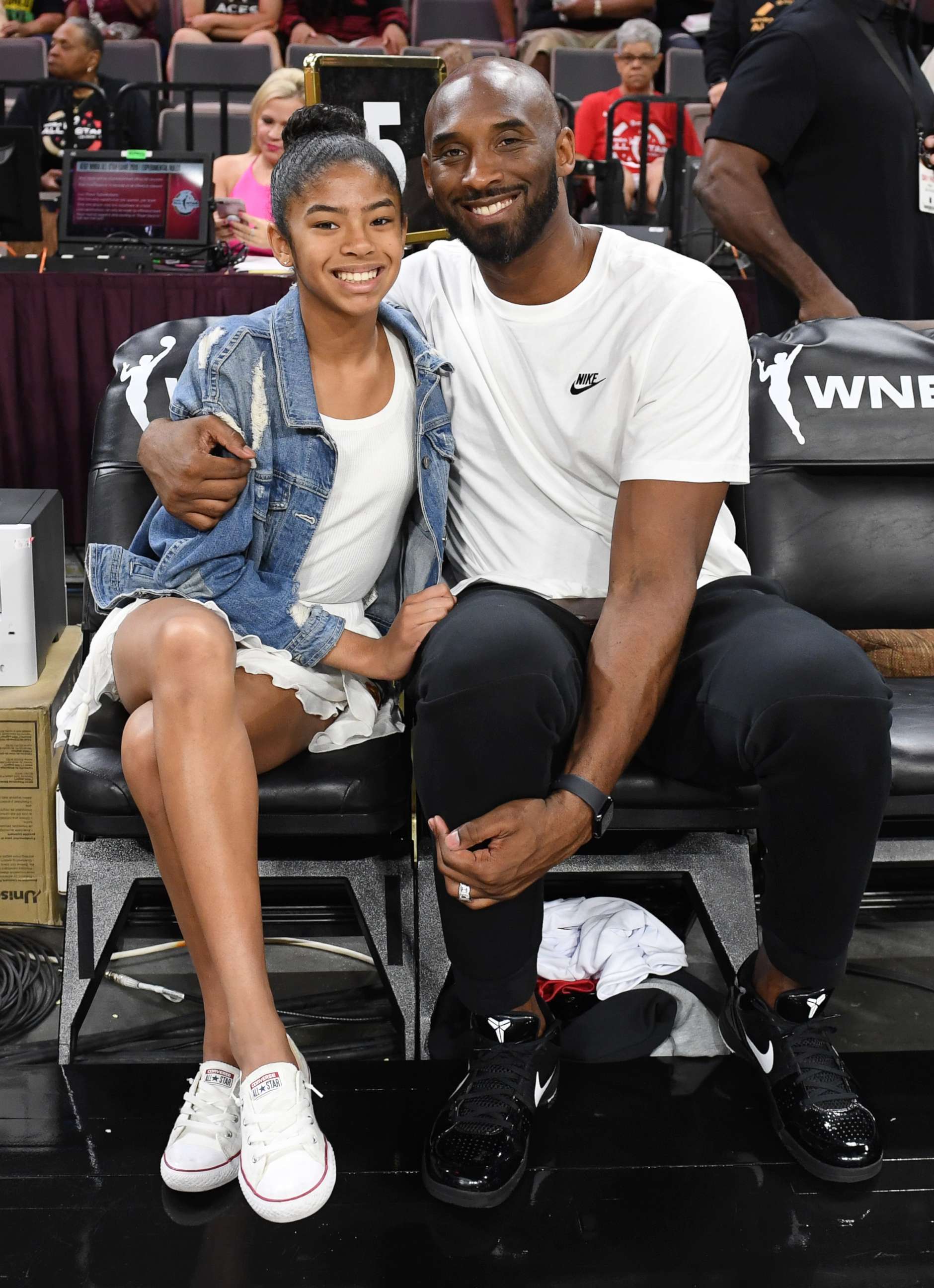 PHOTO: Gianna Bryant and her father, former NBA player Kobe Bryant, attend the WNBA All-Star Game 2019 at the Mandalay Bay Events Center, July 27, 2019, in Las Vegas.