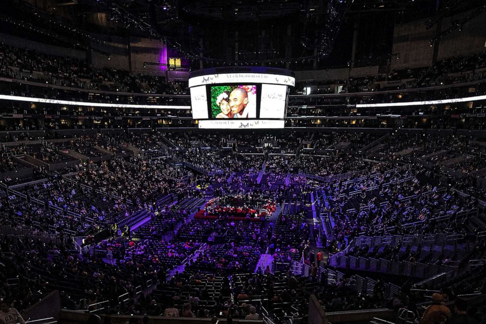 PHOTO: Mourners are seated before paying their respect at Kobe Bryant's and his daughter, Gigi's memorial service at Staple Center in Los Angeles, Feb. 24, 2020.
