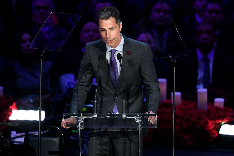 PHOTO: Los Angeles Lakers General Manager Rob Pelinka speaks during The Celebration of Life for Kobe & Gianna Bryant at Staples Center on Feb. 24, 2020, in Los Angeles.
