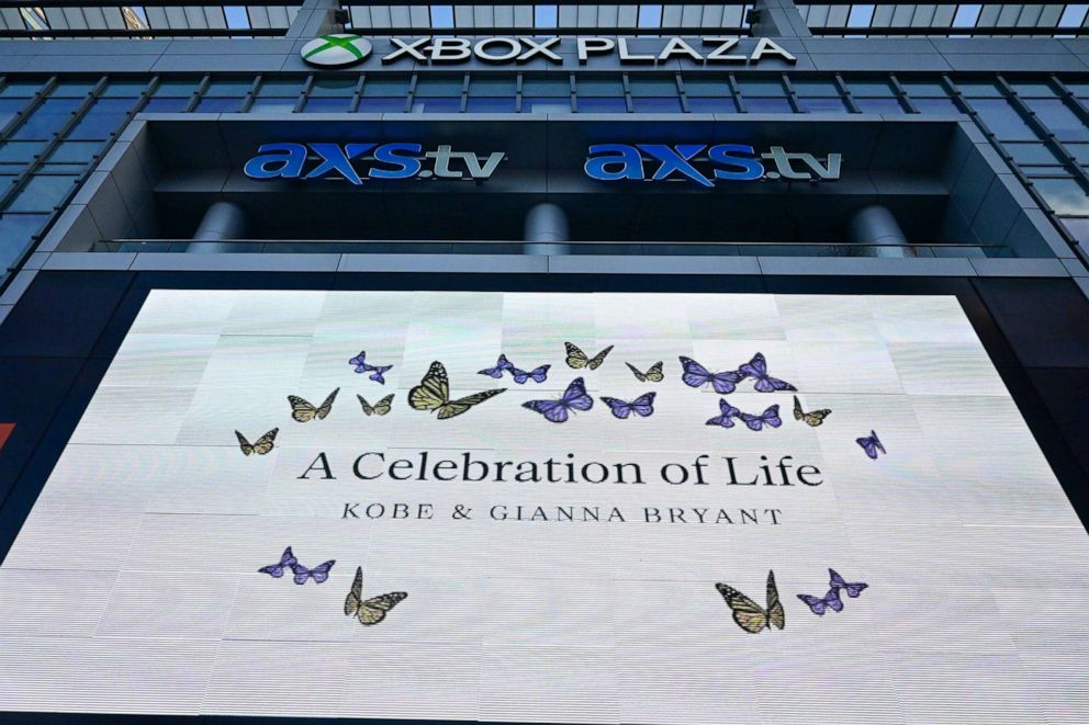 PHOTO: Detailed view of signage at the LA Live plaza before a memorial at Staples Center for Kobe and Gianna Bryant, Feb 24, 2020, in Los Angeles.