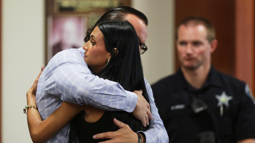 PHOTO: Steve Goncalves, father of victim Kaylee Goncalves, hugs his daughter Alivea after speaking at the sentencing hearing of Bryan Kohberger at the Ada County Courthouse on July 23, 2025 in Boise, Idaho.