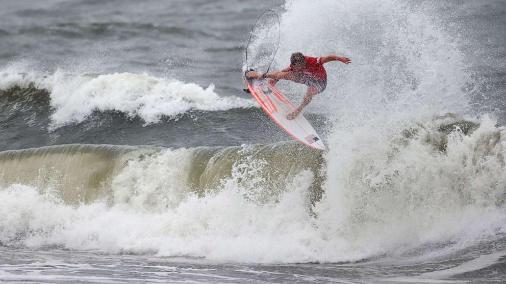 PHOTO: Kolohe Andino of the United States is shown in action during Heat 2 of the Men's Shortboard Surfing competition at the Tokyo 2020 Olympics, July 26, 2021, Tsurigasaki Surfing Beach, Tokyo.