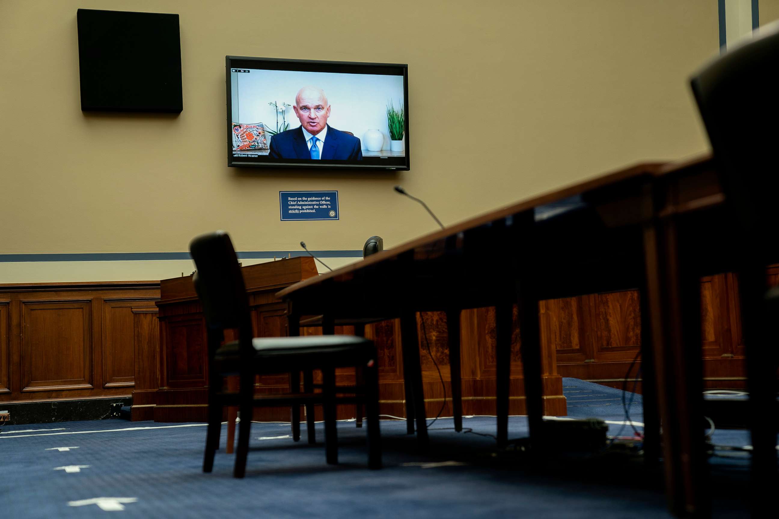 PHOTO: Robert Kramer, President and Chief Executive Officer of Emergent BioSolutions, speaks via videoconference during a hearing on Capitol Hill in Washington, D.C., May 19, 2021.