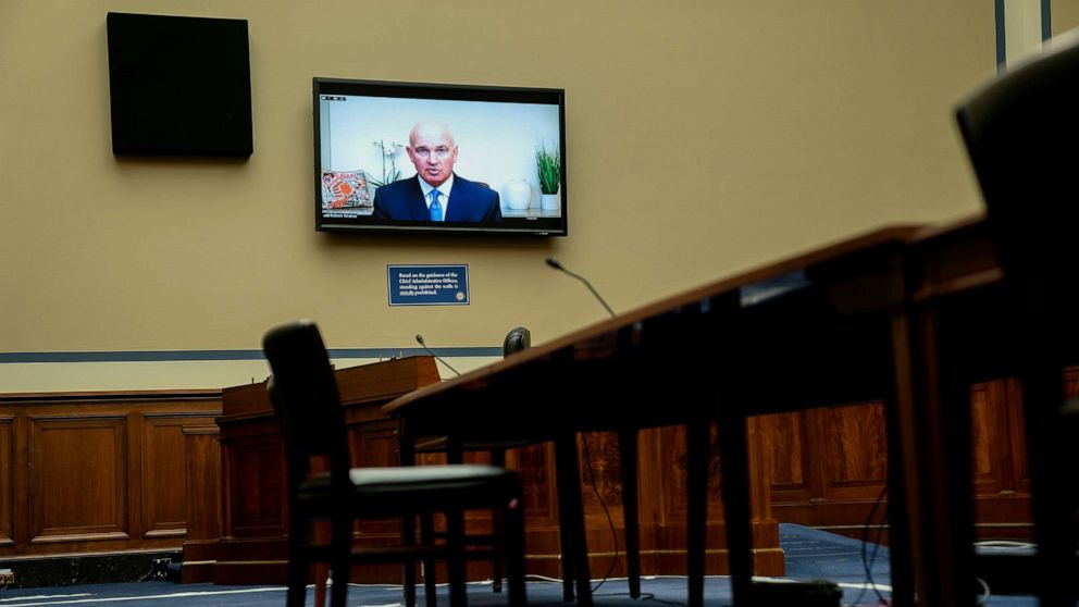 PHOTO: Robert Kramer, President and Chief Executive Officer of Emergent BioSolutions, speaks via videoconference during a hearing on Capitol Hill in Washington, D.C., May 19, 2021.