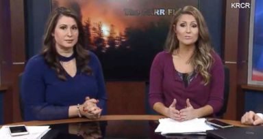 PHOTO: KRCR-TV anchors Tamara Damante and Allison Woods were forced to evacuate the news station while reporting on the Carr Fire in Redding, Calif., July 26, 2018.