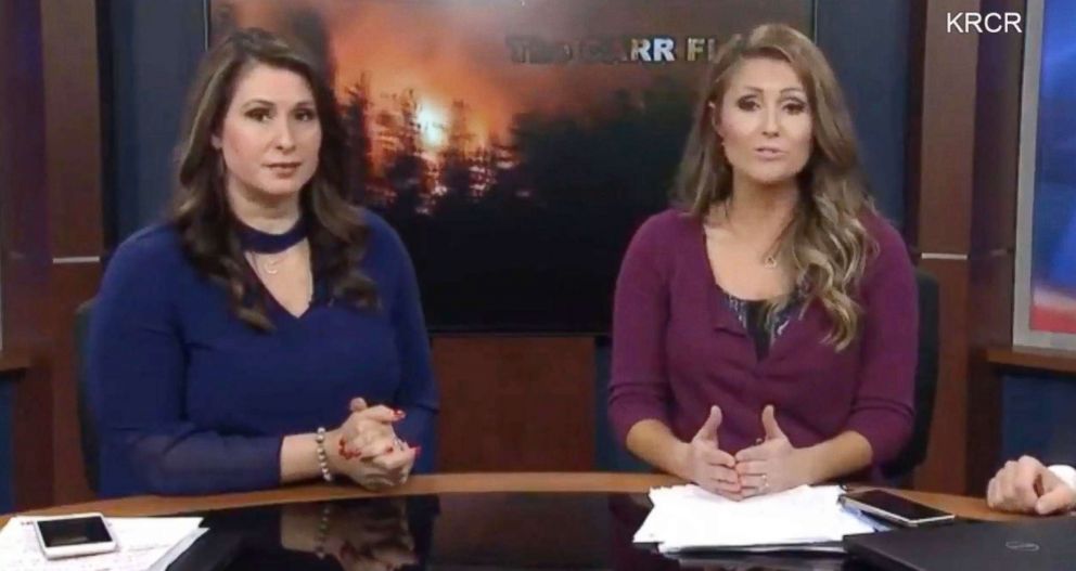 PHOTO: KRCR-TV anchors Tamara Damante and Allison Woods were forced to evacuate the news station while reporting on the Carr Fire in Redding, Calif., July 26, 2018.