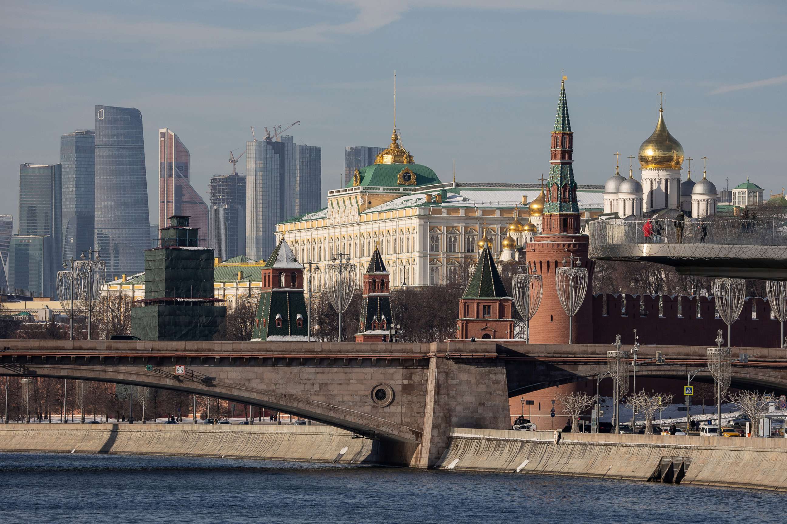 PHOTO: Skyscraper office buildings in the Moscow International Business Center (MIBC), also known as Moscow City, left, and the Grand Kremlin palace, center, in Moscow, Feb. 15, 2022. 
