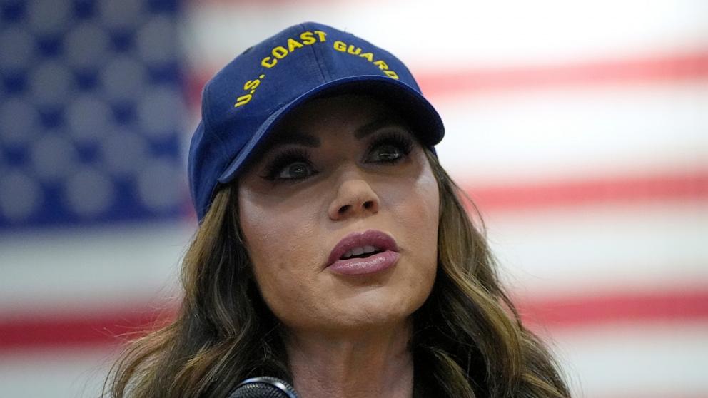 PHOTO: Homeland Security Secretary Kristi Noem speaks at U.S. Coast Guard Air Station Kodiak during a tour, Mar. 17, 2025, in Kodiak, Alaska.