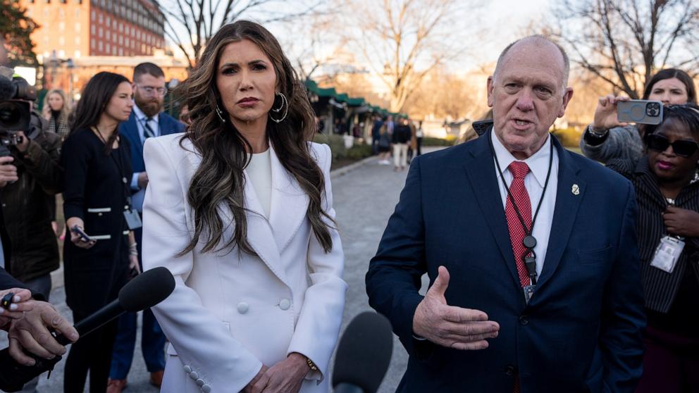 PHOTO: Homeland Security Secretary Kristi Noem and White House border czar Tom Homan speak with reporters at the White House, Jan. 29, 2025, in Washington.