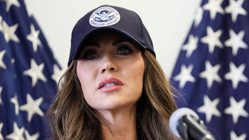 PHOTO: Department of Homeland Security Secretary Kristi Noem speaks during a news conference at the Wilshire Federal Building in Los Angeles, June 12, 2025.