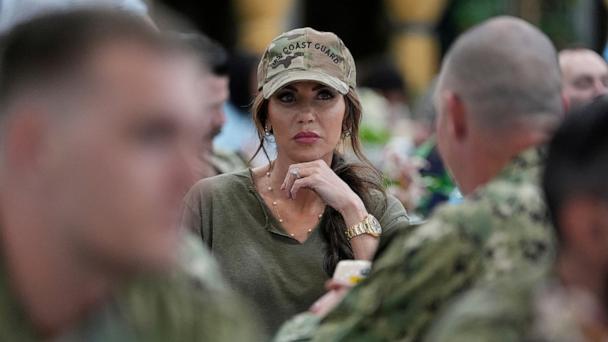Homeland Security Secretary Kristi Noem speaks with sailors and coast guardsmen at a Naval Support Activity, in Manama, Bahrain, May 24, 2025. 