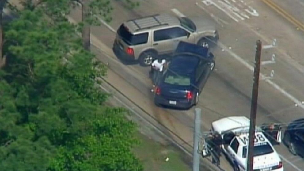 PHOTO: Aerial footage from KRIV in Houston, Texas shows the end of a high-speed police chase that culminated in the shooting of the driver on April 15, 2015.