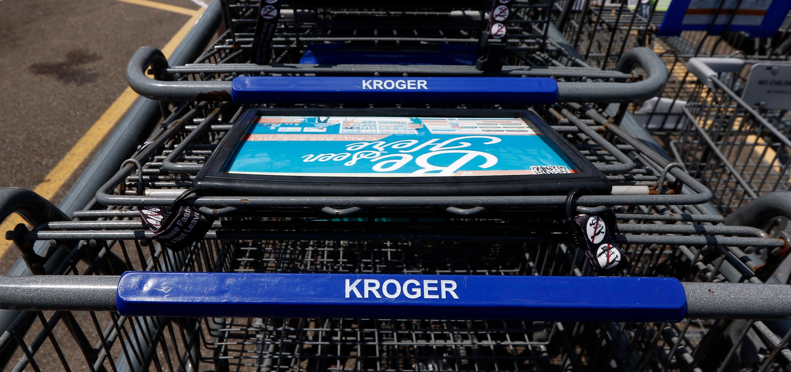 PHOTO: This June 15, 2017, file photo, shows Kroger grocery store shopping carts with the store's name in Flowood, Miss.
