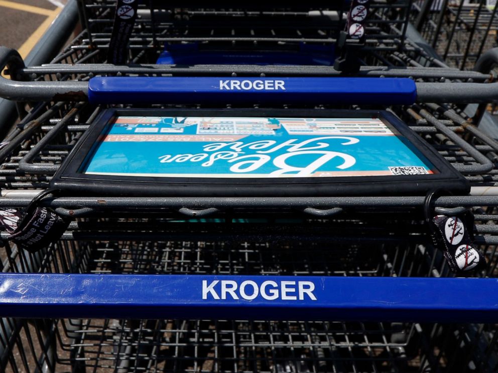 PHOTO: This archive photo from June 15, 2017 shows the Kroger grocery baskets bearing the store name in Flowood, Miss.