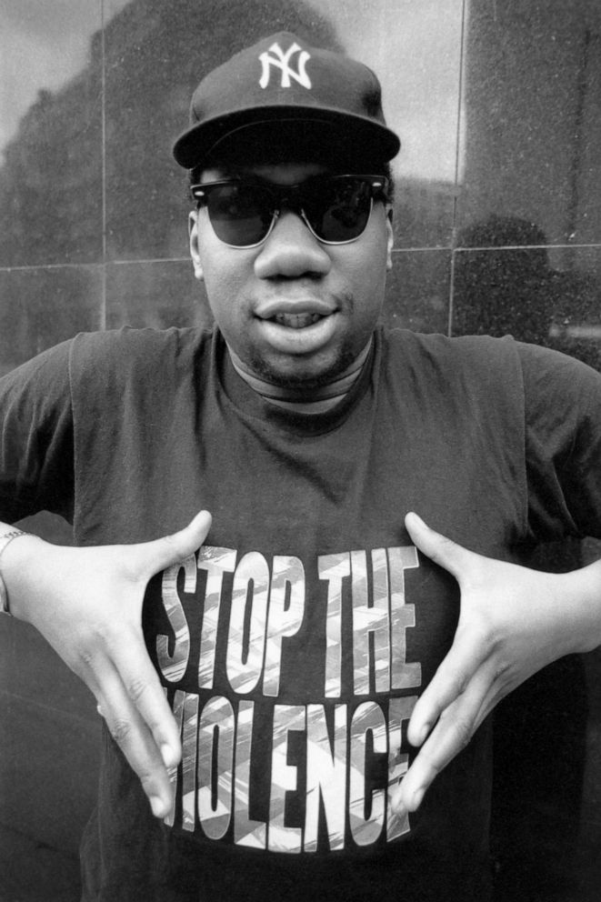 PHOTO: KRS-One of Boogie Down Productions poses with a "Stop the Violence" t-shirt in the U.K. in the 1990s.