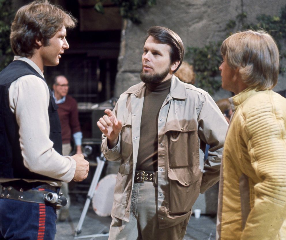PHOTO: Producer Gary Kurtz, center, on the set of "Star Wars" with actors, Harrison Ford, left and Mark Hamill, right.