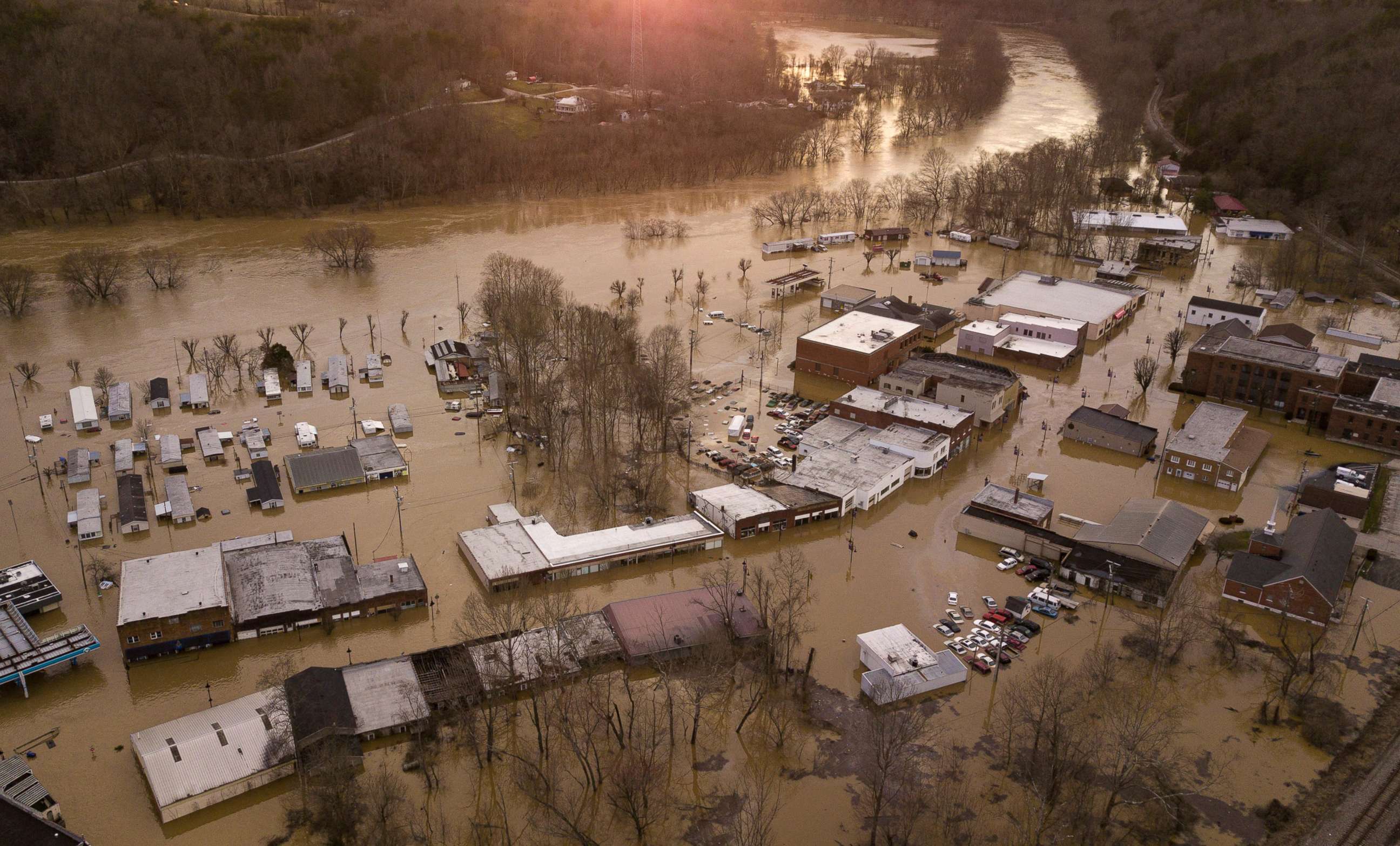 PHOTO: A view from above shows flooding in downtown Beattyville, Ky., March 1, 2021, after heavy rains led to the Kentucky River overflowing and breaking records last seen in 1957.