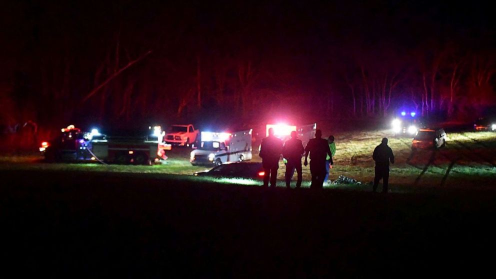 PHOTO: First responders at the site after helicopters crashed in Trigg County, Ky., March 29, 2023.