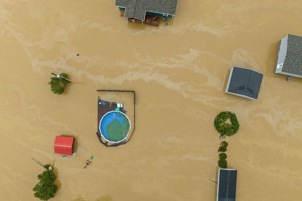 PHOTO: Water surrounds homes and structures after flash flooding near Quicksand, Ky., July 28, 2022.