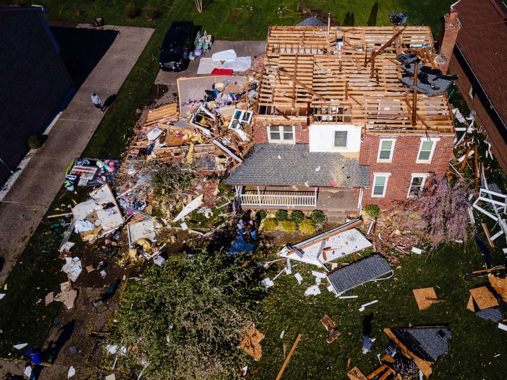 PHOTO: A heavily damaged home is seen from above in Lousiville, Ky., April 14, 2022.