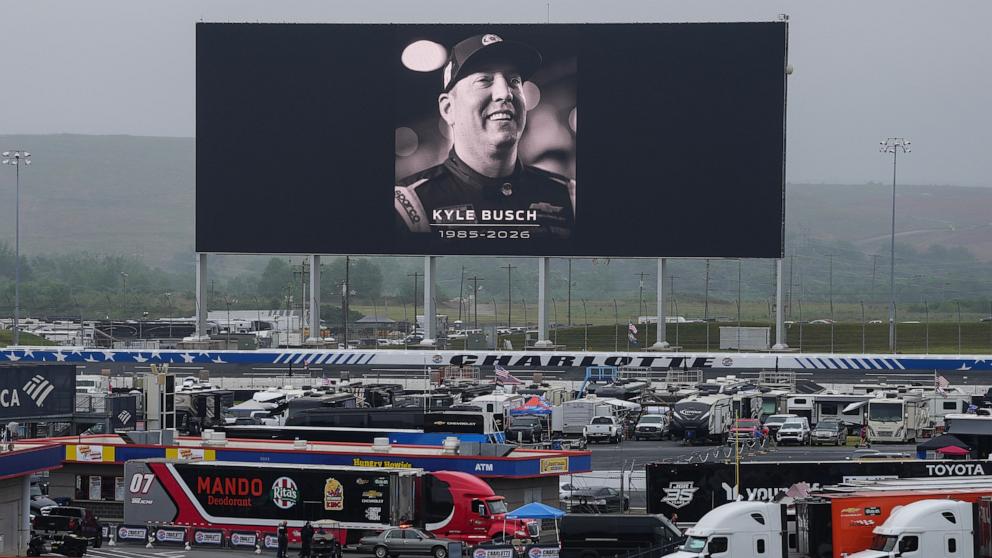PHOTO: An in memoriam photo of former driver Kyle Busch is displayed on the video board of the backstretch at Charlotte Motor Speedway, May 22, 2026, in Charlotte, N.C. 