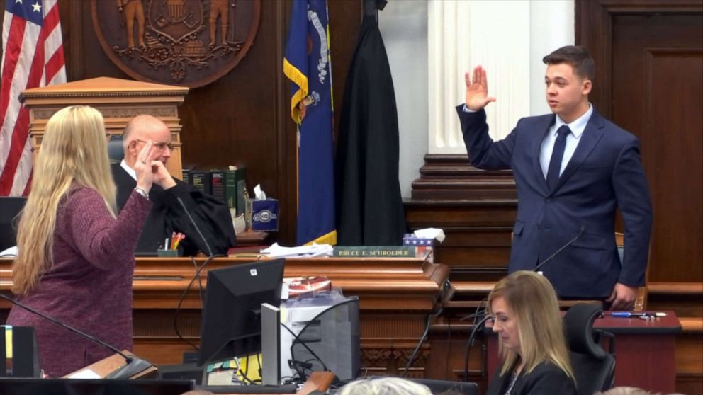 PHOTO: Kyle Rittenhouse takes the witness stand during his trial at the Kenosha County Courthouse in Kenosha, Wis., Nov. 10, 2021.