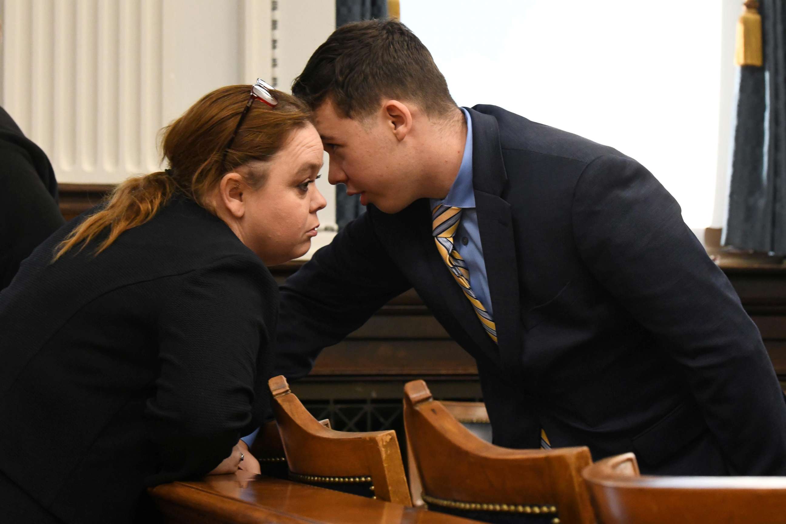 PHOTO: Wendy Rittenhouse speaks with her son Kyle Rittenhouse before his trial in Kenosha  Circuit Court in Kenosha, Wisc., Nov. 3, 2021.