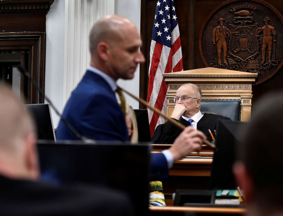 PHOTO: Judge Bruce Schroeder watches over the court as Corey Chirafisi, one of Kyle Rittenhouse's attorneys, cross-examines Koerri Washington during Rittenhouse's trial at the Kenosha County Courthouse in Kenosha, Wisc., Nov. 3, 2021.