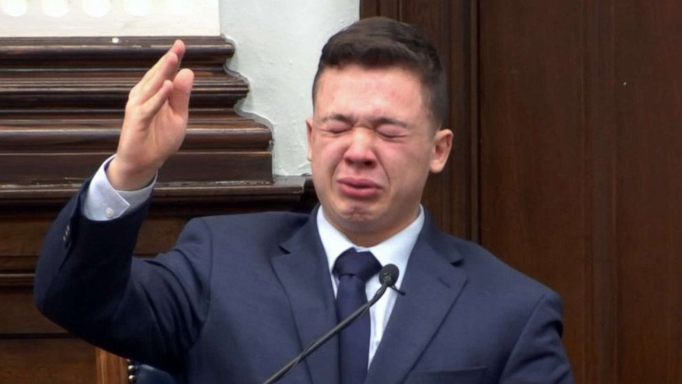 PHOTO: Kyle Rittenhouse becomes emotional while on the witness stand during his trial at the Kenosha County Courthouse in Kenosha, Wis., Nov. 10, 2021.