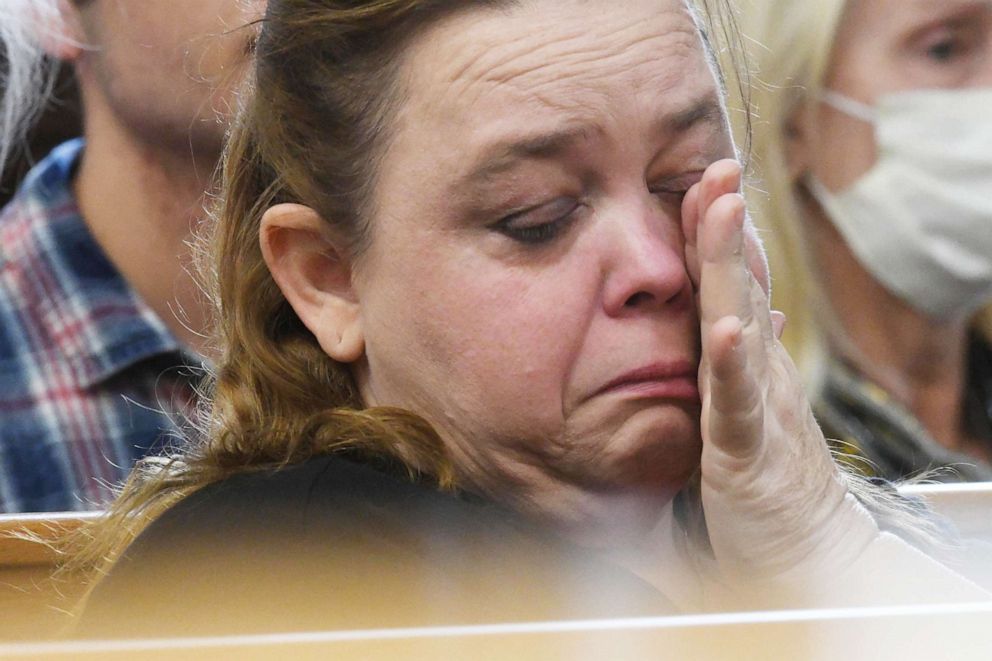 PHOTO: Kyle Rittenhouse's mother Wendy Rittenhouse becomes emotional listening to her son testify during his trial at the Kenosha County Courthouse on Nov. 10, 2021, in Kenosha, Wisc.
