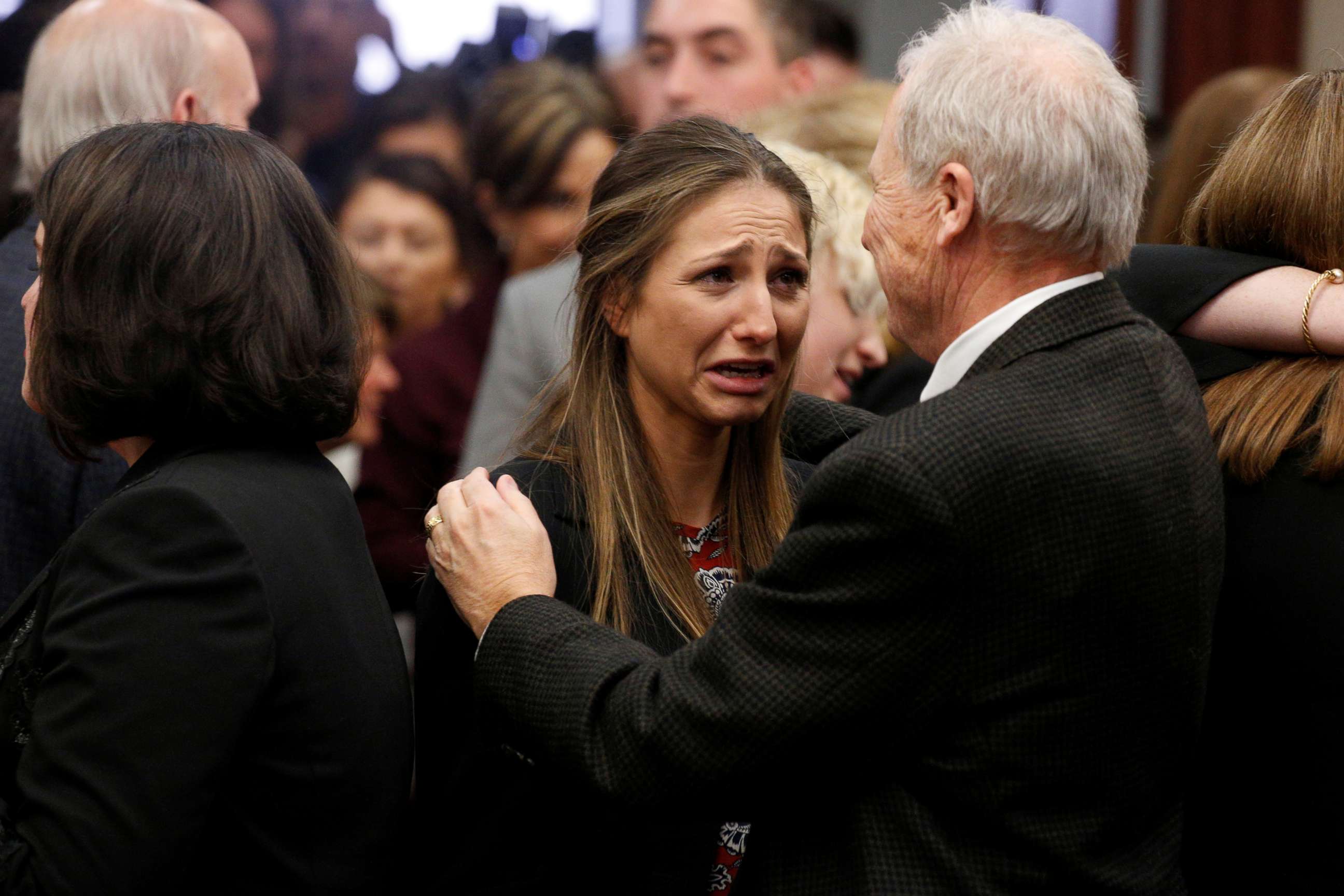 PHOTO: Michigan State University Police Chief Jim Dunlap embraces victim Kyle Stephens after the sentencing of Larry Nassar, in Lansing, Mich., Jan. 24, 2018.