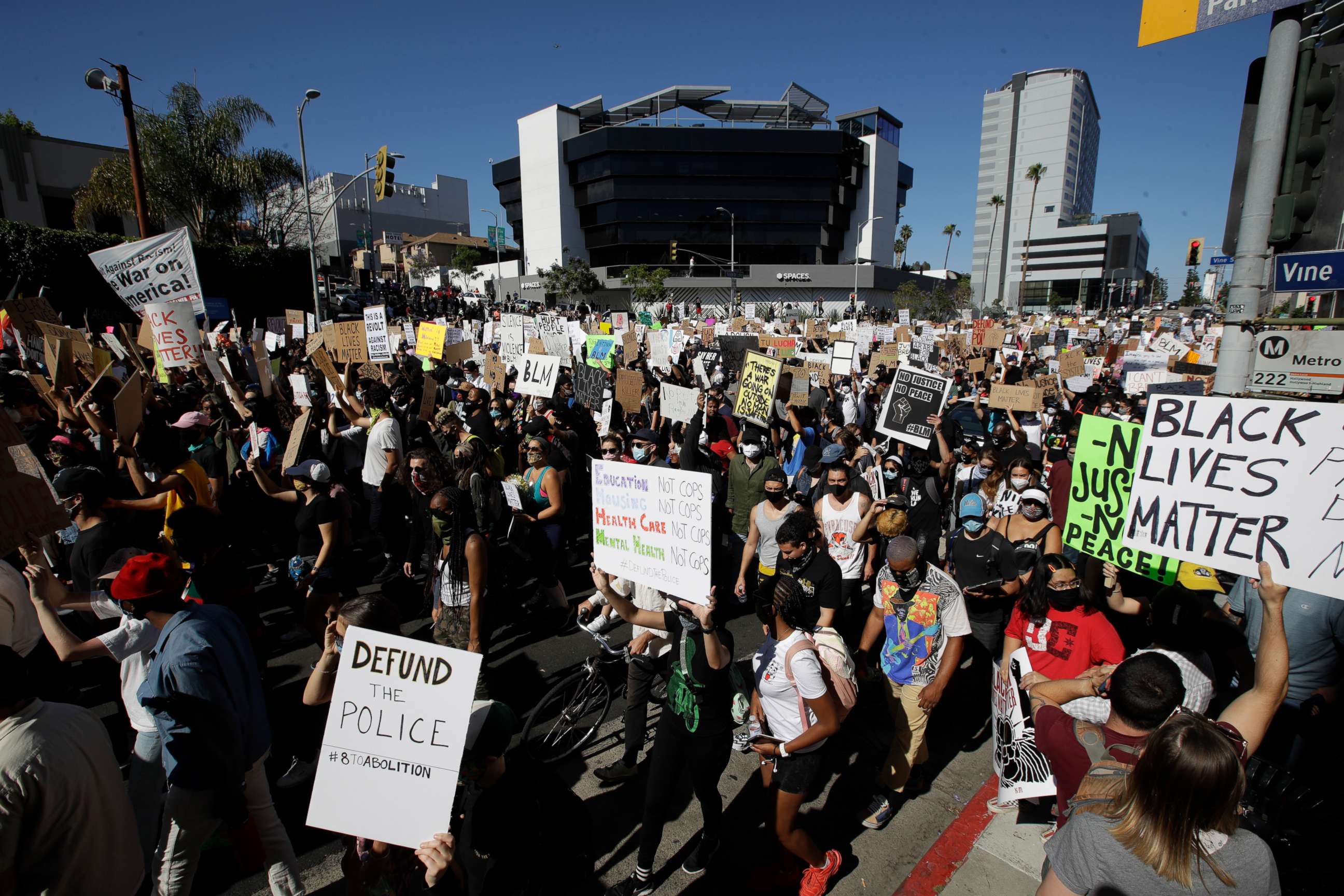 PHOTO: Demonstrators March Sunday June, 7, 2020 in the Hollywood area of Los Angeles, during a protest over the death of George Floyd who died May 25 after he was restrained by Minneapolis police.