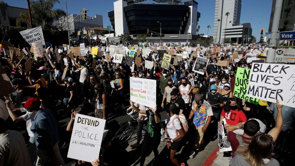 PHOTO: Demonstrators March Sunday June, 7, 2020 in the Hollywood area of Los Angeles, during a protest over the death of George Floyd who died May 25 after he was restrained by Minneapolis police.