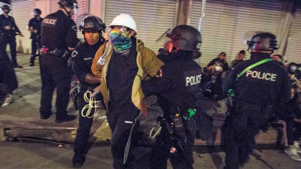 PHOTO: In this May 31, 2020, file photo, Los Angeles police officers arrest a demonstrator in Los Angeles. 