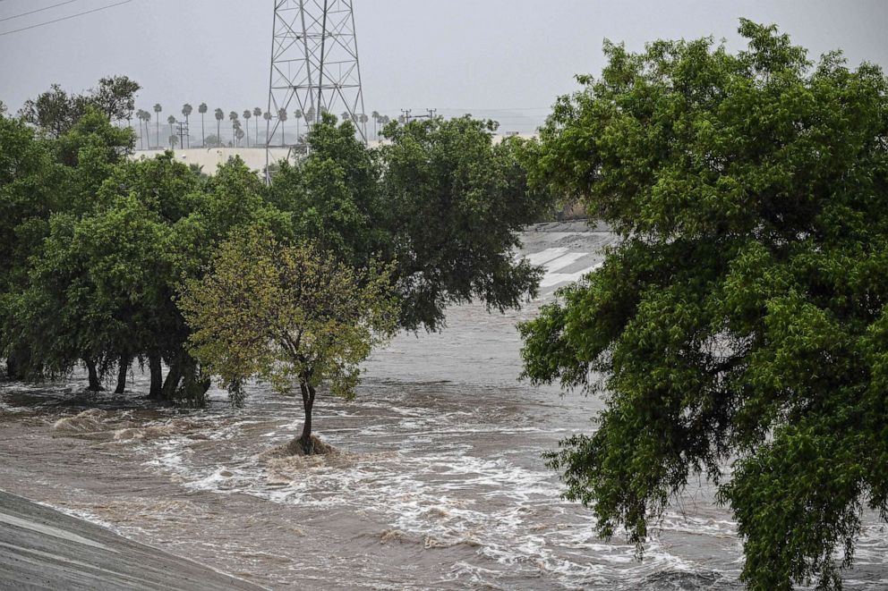 PHOTO: The Los Angeles River swells with rushing water near Griffith Park in Los Angeles, Aug. 20, 2023.