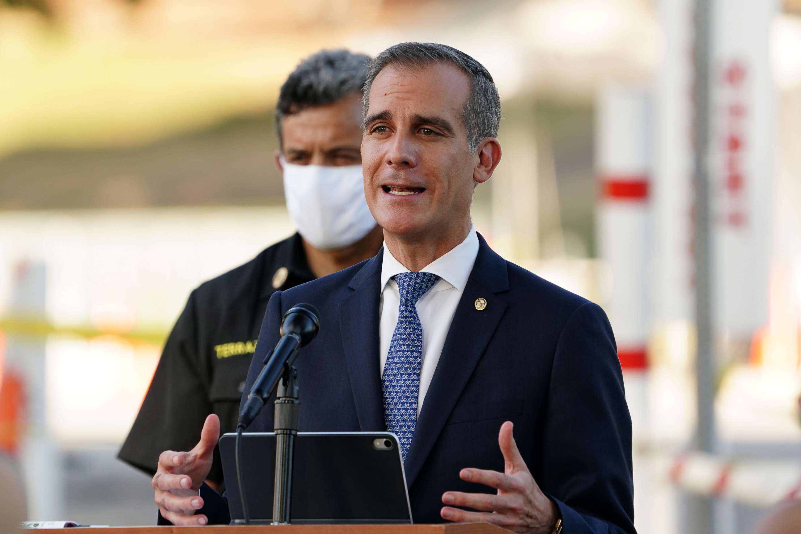 PHOTO: Los Angeles Mayor Eric Garcetti speaks during a press conference at a coronavirus testing site at Lincoln Park, Aug. 5, 2020, in Los Angeles.