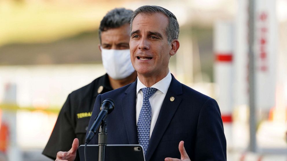 PHOTO: Los Angeles Mayor Eric Garcetti speaks during a press conference at a coronavirus testing site at Lincoln Park, Aug. 5, 2020, in Los Angeles.