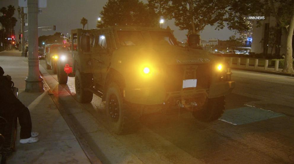 PHOTO: Members of the California National Guard arrive in Los Angeles on Sunday, June 8, 2025, in this screengrab from a video acquired by ABC News.