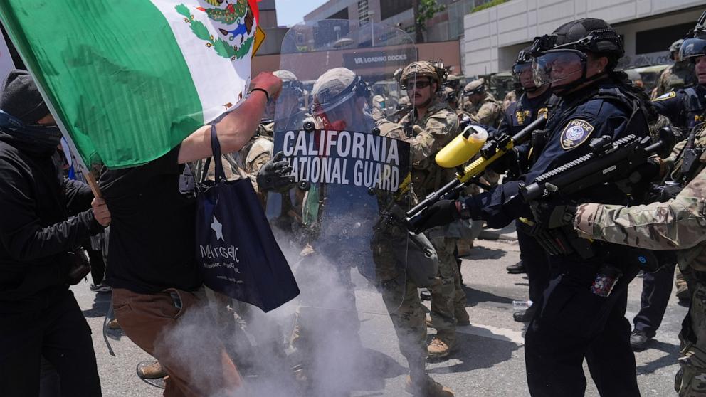 PHOTO: Protesters clash with authorities in downtown Los Angeles, June 8, 2025.
