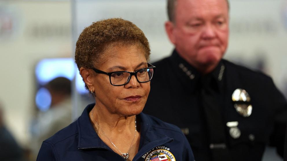 PHOTO: Los Angeles Mayor Karen Bass and Chief of the Los Angeles Police Department Jim McDonnell hold a press conference at the City of Los Angeles Emergency Operations Center, June 9, 2025.