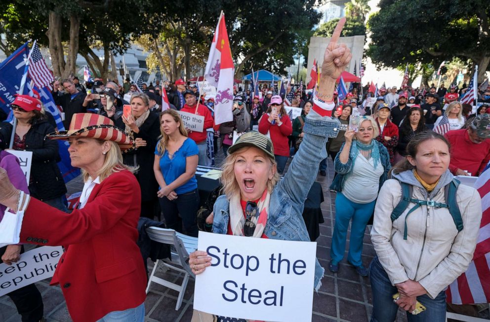 PHOTO: Supporters of President Donald Trump protest in Los Angeles on Jan. 6, 2021.