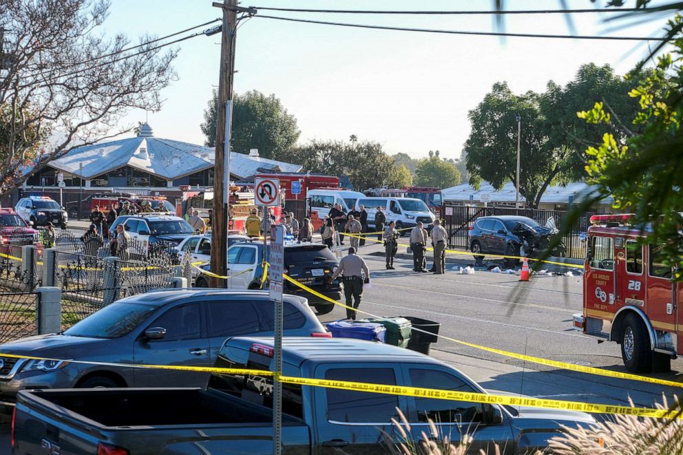 PHOTO: In this Nov. 16, 2022, file photo, law enforcement investigate the scene after multiple Los Angeles County Sheriff's Department recruits were injured when a car crashed into them while they were out for a run in Whittier, Calif.