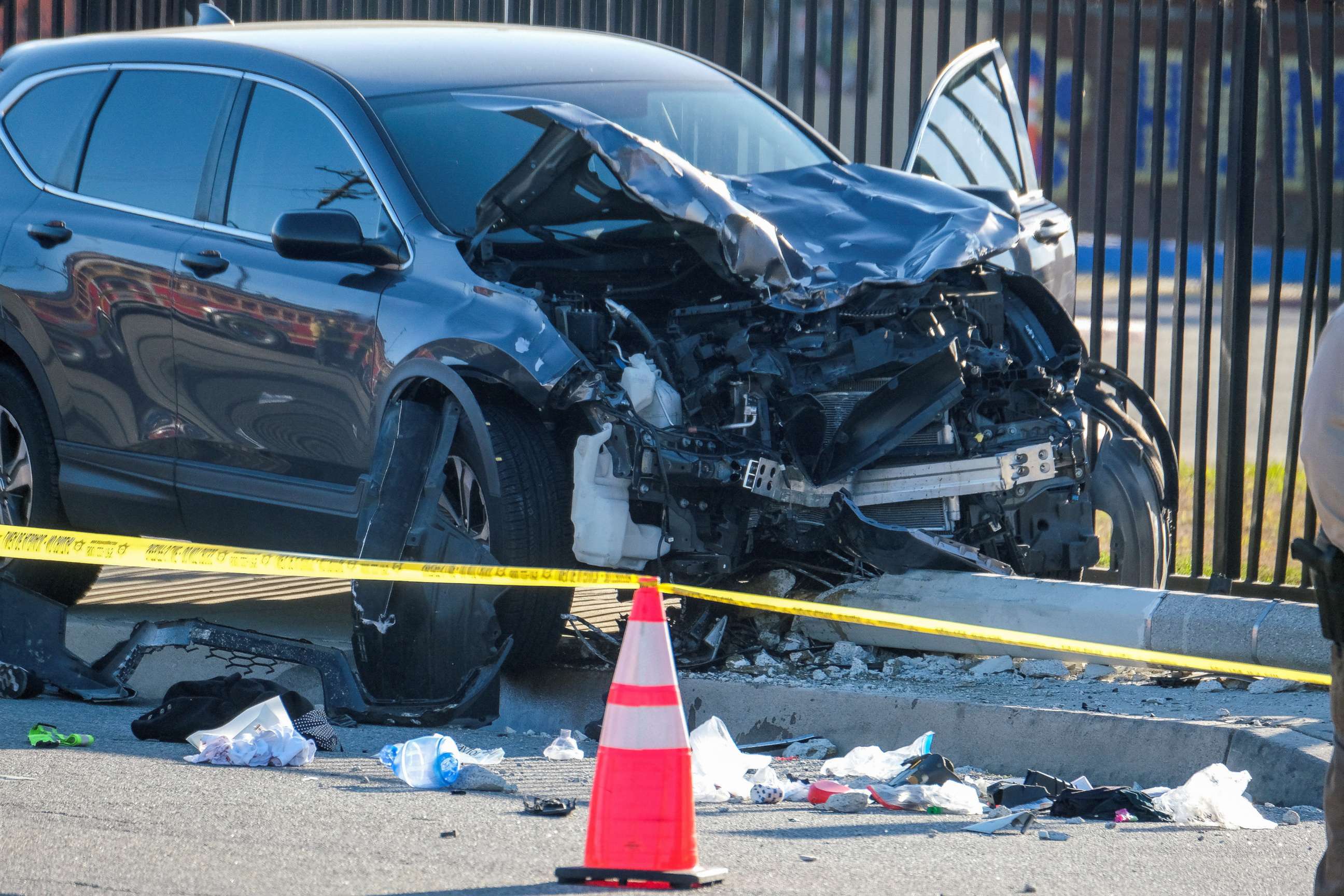 PHOTO: A damaged vehicle is seen after multiple Los Angeles County Sheriff's Department recruits were injured when a car crashed into them while they were out for a run in Whittier, Calif., Nov. 16, 2022.