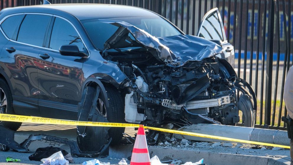 PHOTO: A damaged vehicle is seen after multiple Los Angeles County Sheriff's Department recruits were injured when a car crashed into them while they were out for a run in Whittier, Calif., Nov. 16, 2022.