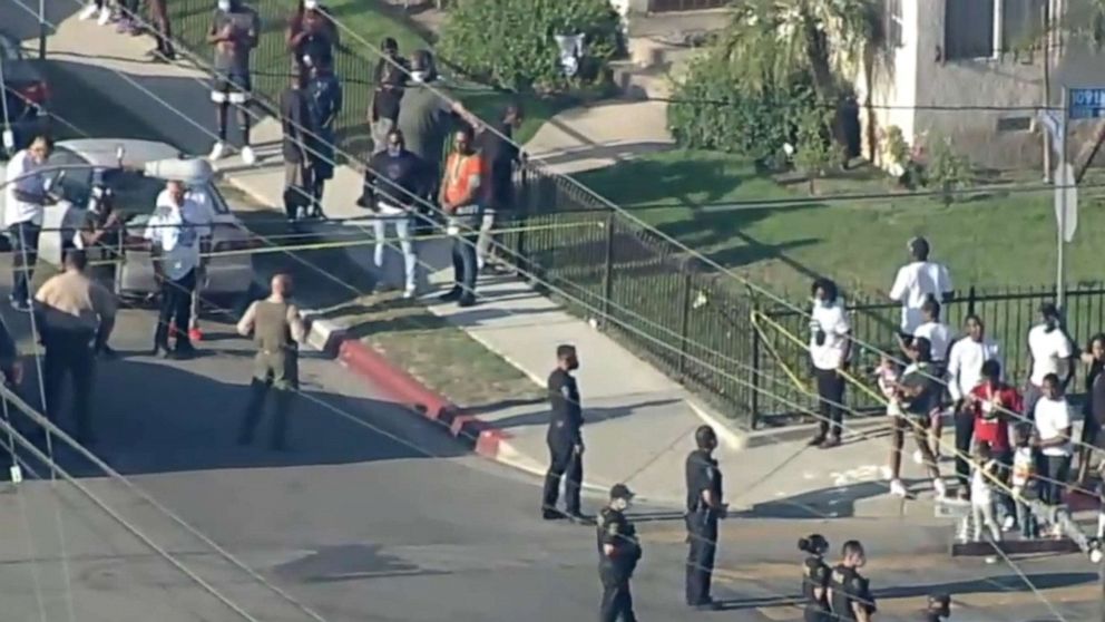 PHOTO: Police in South Los Angeles respond after Los Angeles sheriff's deputies shot and killed a Black man who they say had a handgun and was fighting with them, Aug. 31. 2020.